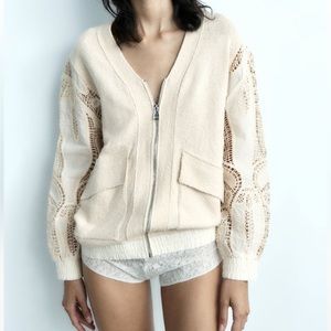 Zara Knit Bomber Jacket with Embroidered Sleeves size S